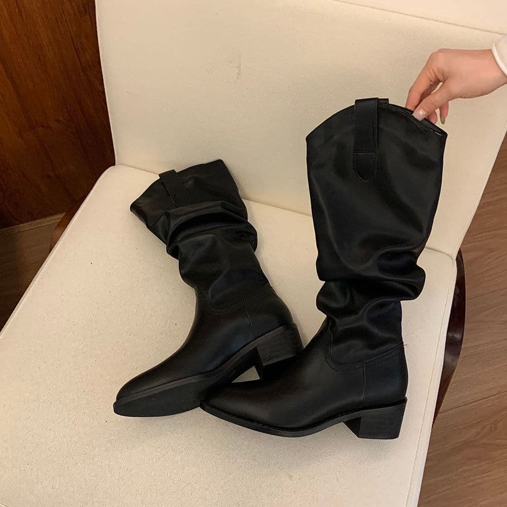 Women's Pointed-Toe, Chunky-Heeled, Pleated, High-Top Boots—2025 New Fall/Winter Fashion, Versatile, Slimming Dr. Martens-Style Boots, photo 4