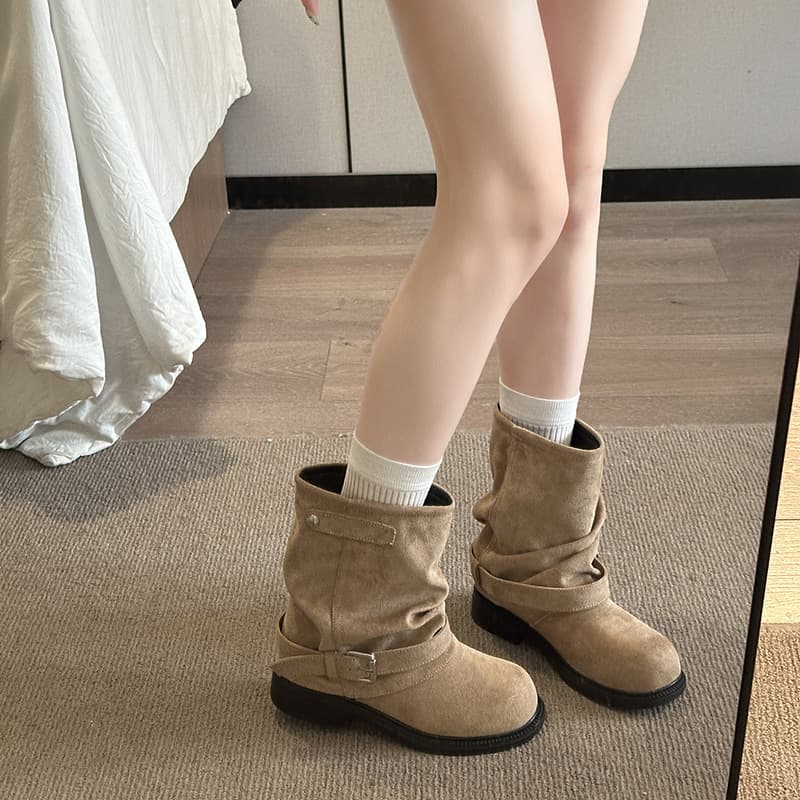 Post-Apocalyptic Pleated Layered Women's Boots – Suede Chunky Sole, Buckle Detail, Black or Khaki, photo 7