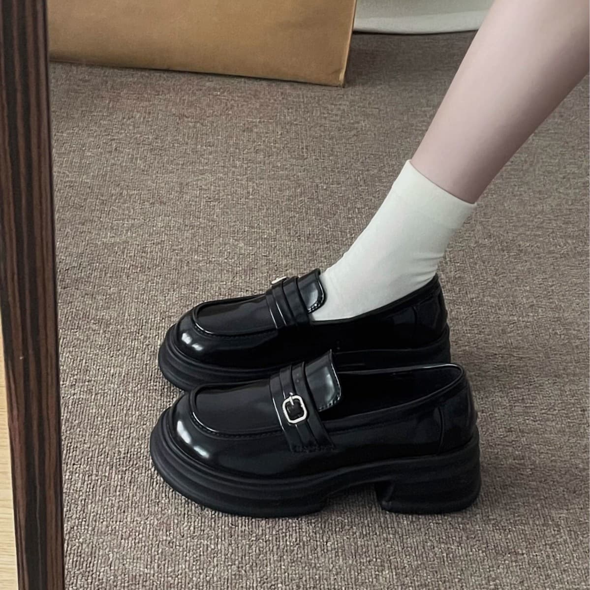 Women's Chunky-Sole PU Leather Loafers – Vintage Brown & Black Preppy Slip-Ons for Skirts & JK Style, photo 4