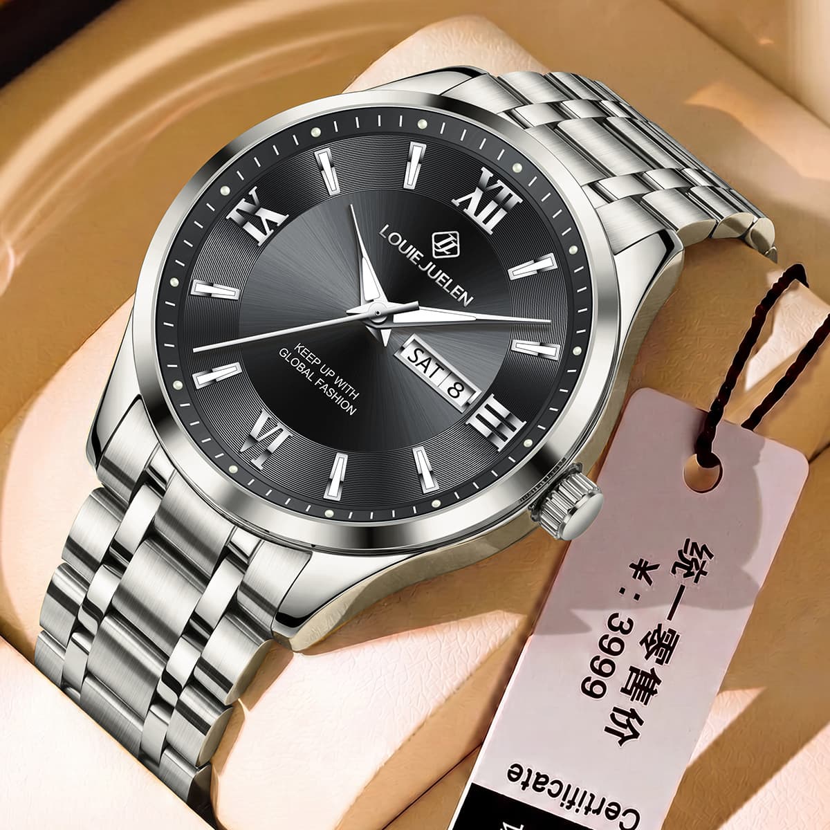 LOUIEJUELEN Men's Business Quartz Watch – Luminous Dial, Dual Calendar, Steel Band, 30M Water Resistance, photo 8