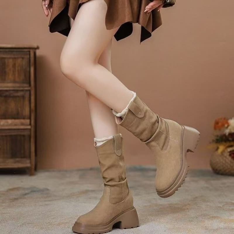 Soft Leather Pleated Mid-Calf Boots for Women – Height-Enhancing, Slip-Resistant, Side Zipper, Round Toe, Black or Khaki, photo 9