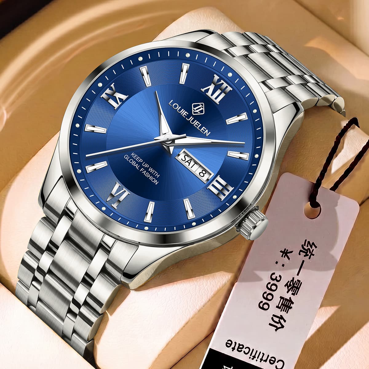 LOUIEJUELEN Men's Business Quartz Watch – Luminous Dial, Dual Calendar, Steel Band, 30M Water Resistance, photo 10