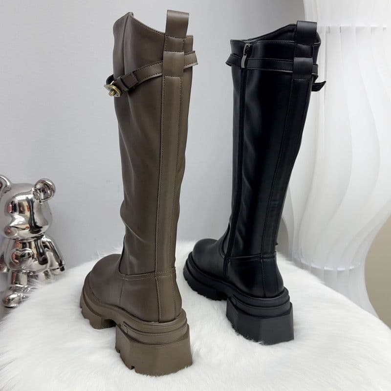 Women's Knee-High Riding Boots with Chunky Heel & Belt Buckle Detail — Side Zip, Black or Brown, photo 3