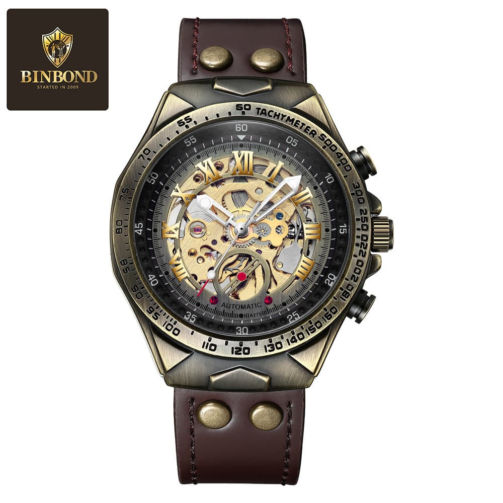 BINBOND Men's Vintage Bronze Automatic Mechanical Watch – See-Through Case Back, 30M Water Resistant, Alloy Band, photo 5