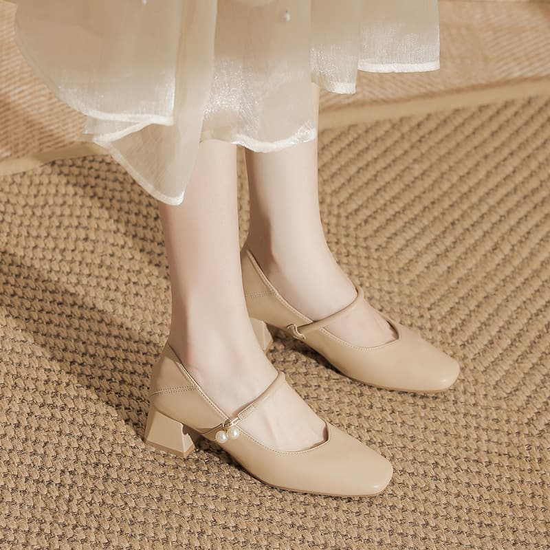 Women's Chunky Heel Square Toe Mary Jane Shoes – Apricot Faux Leather Mid-Heel Pumps, French Style Buckle Flats, photo 10