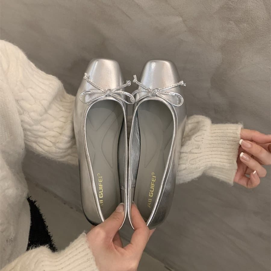 Women's Flat Open-Toe Bow Mule Shoes – Silver French Style Evening Flats, photo 3