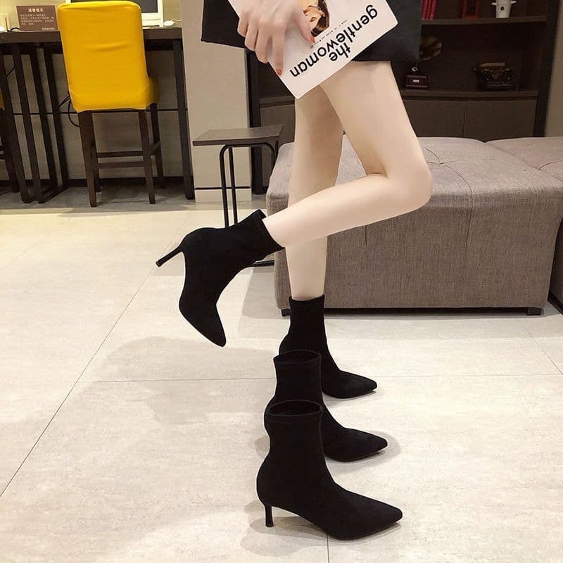 Women's Pointed-Toe Knit Ankle Boots – Thin Heel, Stretch Fit, Black, photo 3
