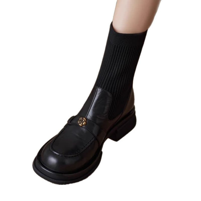 Ruodan Women's Black Leather Chunky Heel Sock Boots – Cowhide Knit Ankle Boots, Retro Round Toe, Non-Slip Rubber Sole, photo 5