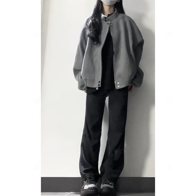Fall 2025 New Arrival: Minimalist American Vintage-Style Versatile Gray Stand-Collar Suede Jacket for Women—A Luxurious Jacket, photo 3