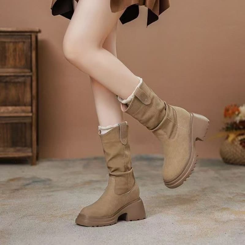 Soft Leather Pleated Mid-Calf Boots for Women – Height-Enhancing, Slip-Resistant, Side Zipper, Round Toe, Black or Khaki, photo 6