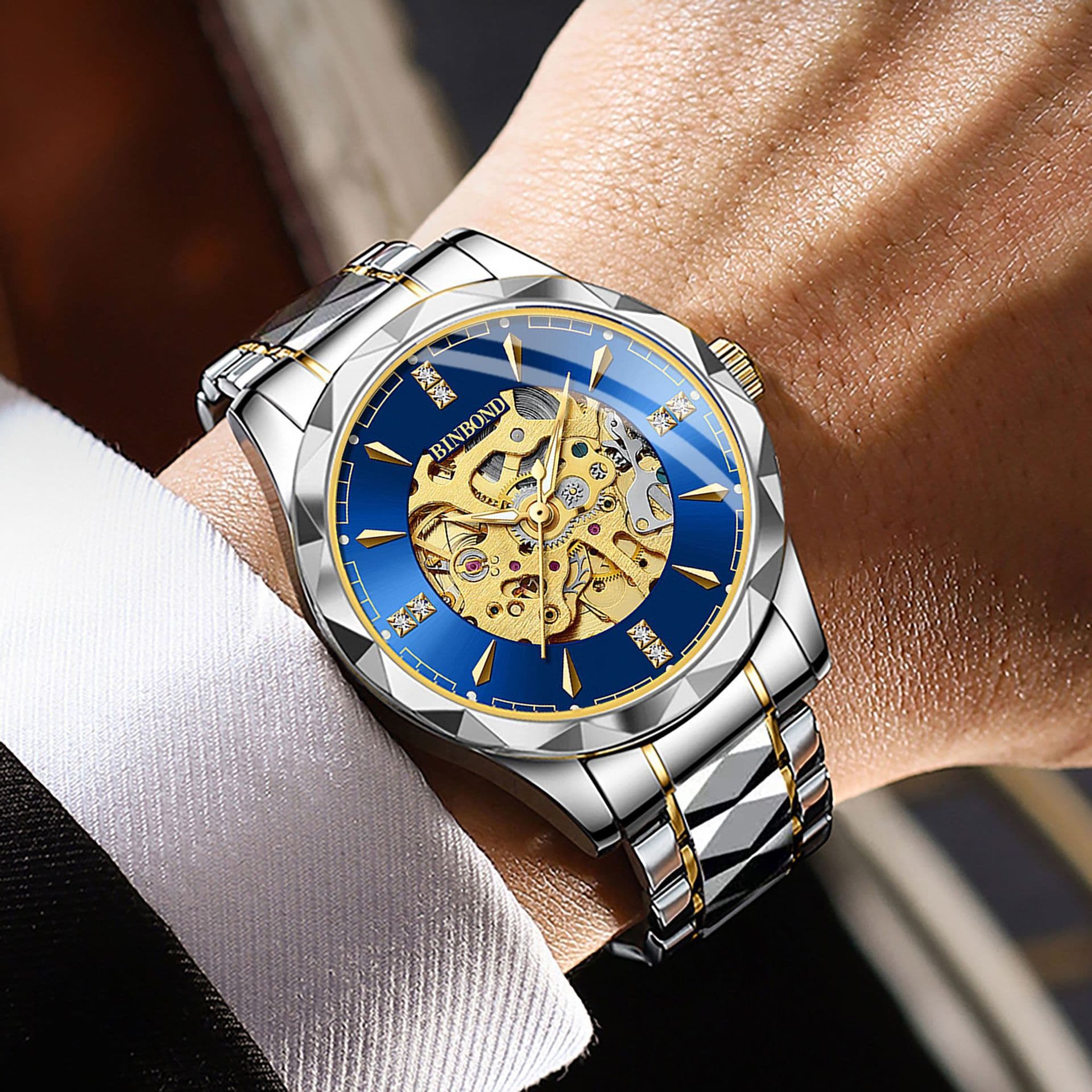 BINBOND Men's Skeleton Mechanical Watch – Water-Resistant 50m, Luminous, Stainless Steel, Business Style, photo 2