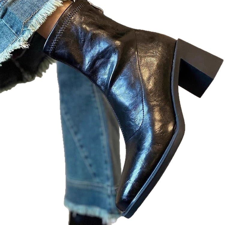 Women's Chunky-Heeled Ankle Boots, 2025 Fall/Winter Collection: Fleece-Lined, Retro Square-Toe, High-Heeled, Stretch, Slimming, Short Boots—Black, photo 5