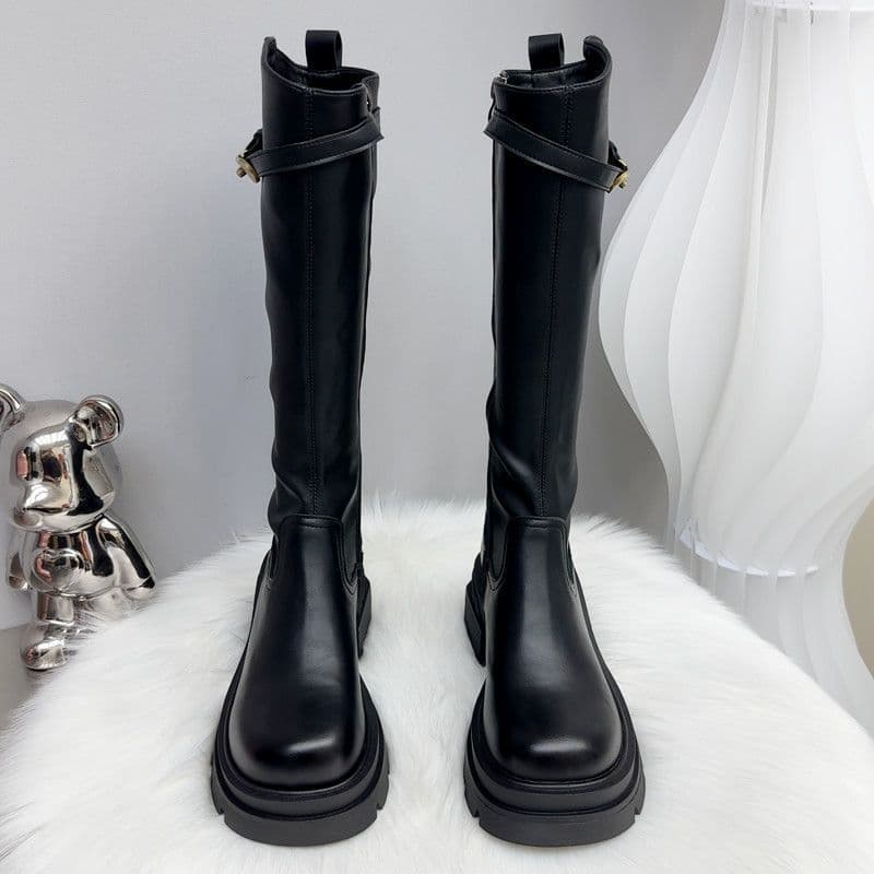 Women's Knee-High Riding Boots with Chunky Heel & Belt Buckle Detail — Side Zip, Black or Brown, photo 9