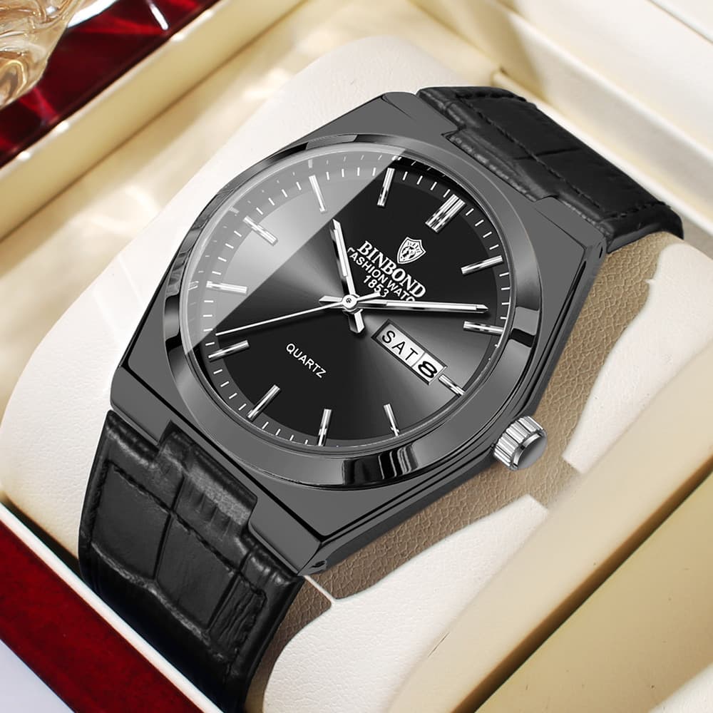 BINBOND Men's Ultra-Thin Quartz Watch with Leather Strap, Luminous Hands, and Calendar, photo 8