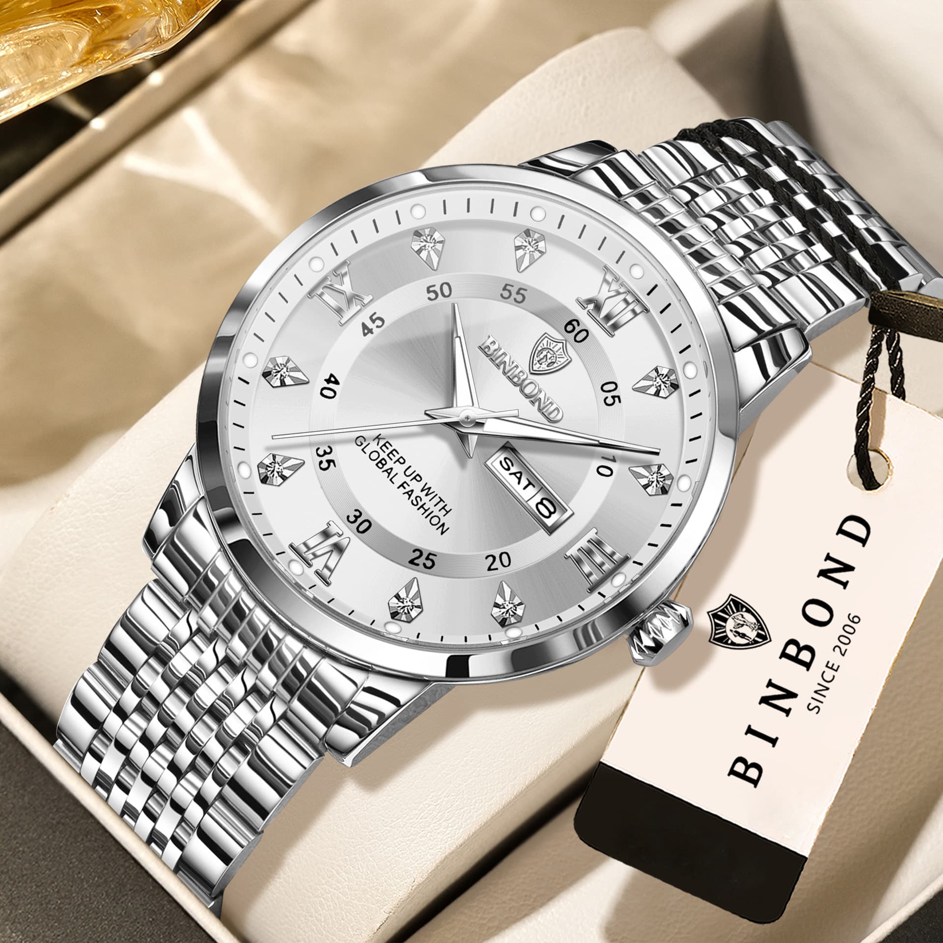 BINBOND Men's Dual-Calendar Business Quartz Watch – Stainless Steel, Luminous, 30M Water Resistant, photo 10