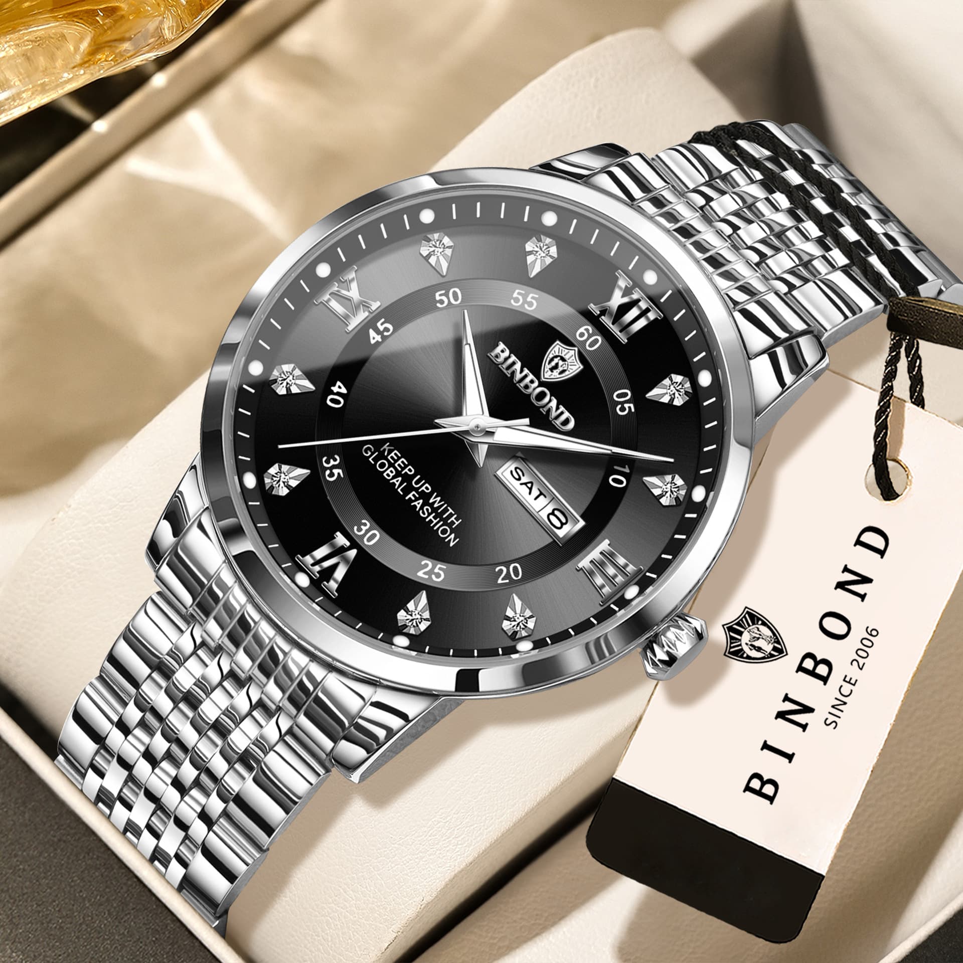 BINBOND Men's Dual-Calendar Business Quartz Watch – Stainless Steel, Luminous, 30M Water Resistant, photo 7