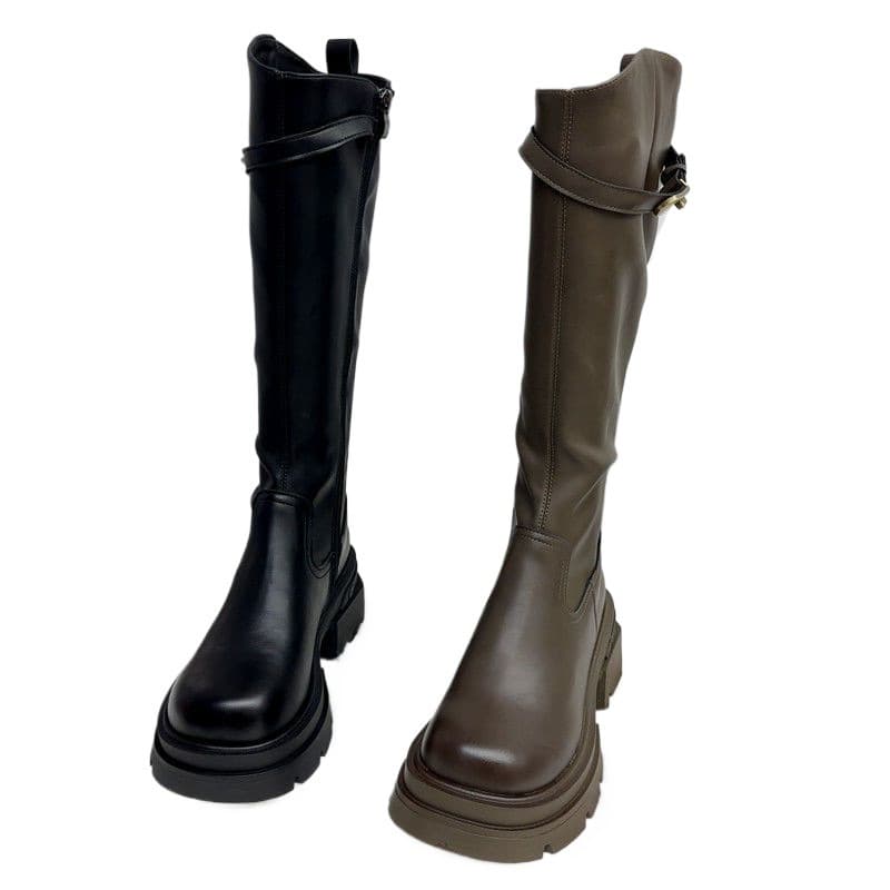 Women's Knee-High Riding Boots with Chunky Heel & Belt Buckle Detail — Side Zip, Black or Brown, photo 5