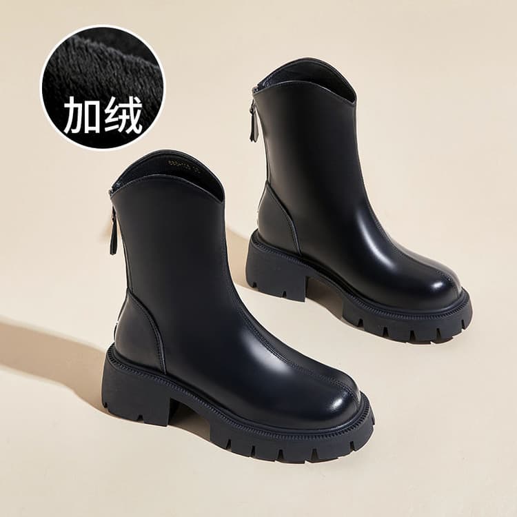 Women's Chunky Heel Ankle Boots – V-Toe Faux Leather Martin Boots with Plush Lining, Back Zipper, Fall & Winter, photo 4