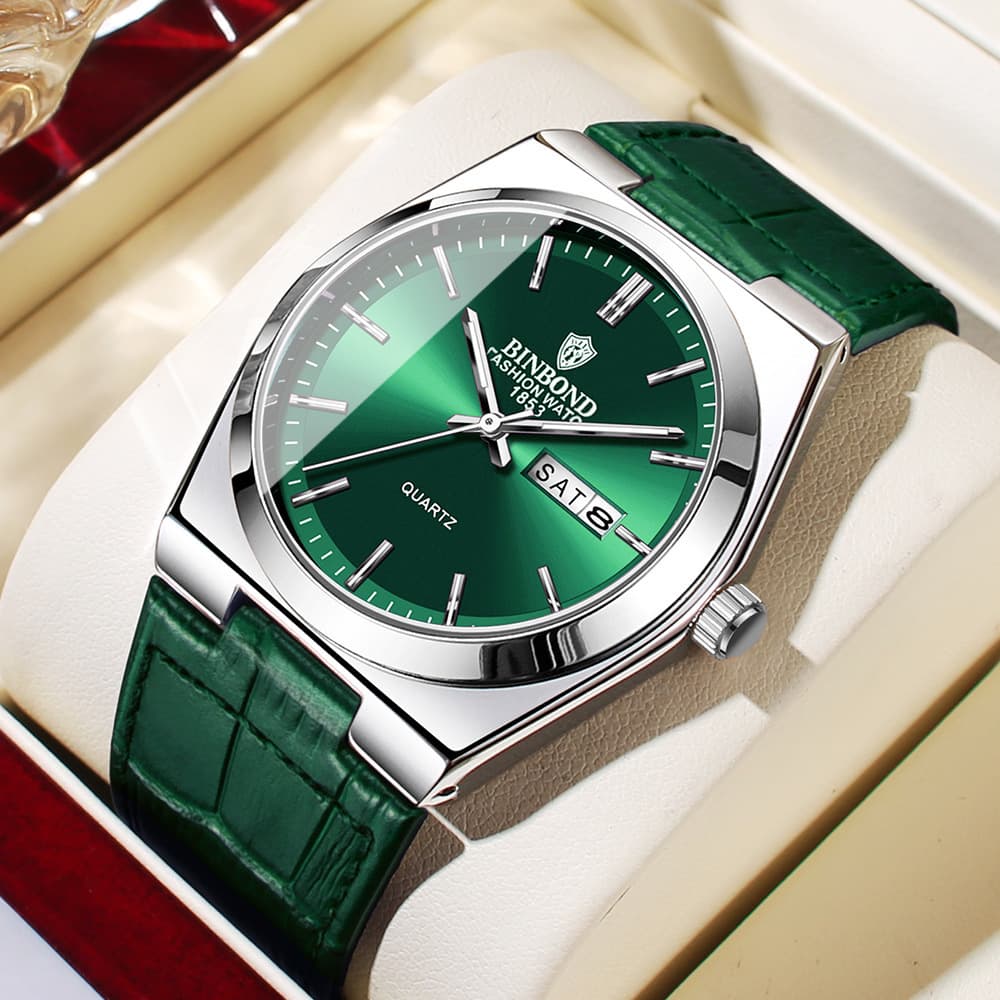 BINBOND Men's Ultra-Thin Quartz Watch with Leather Strap, Luminous Hands, and Calendar, photo 7