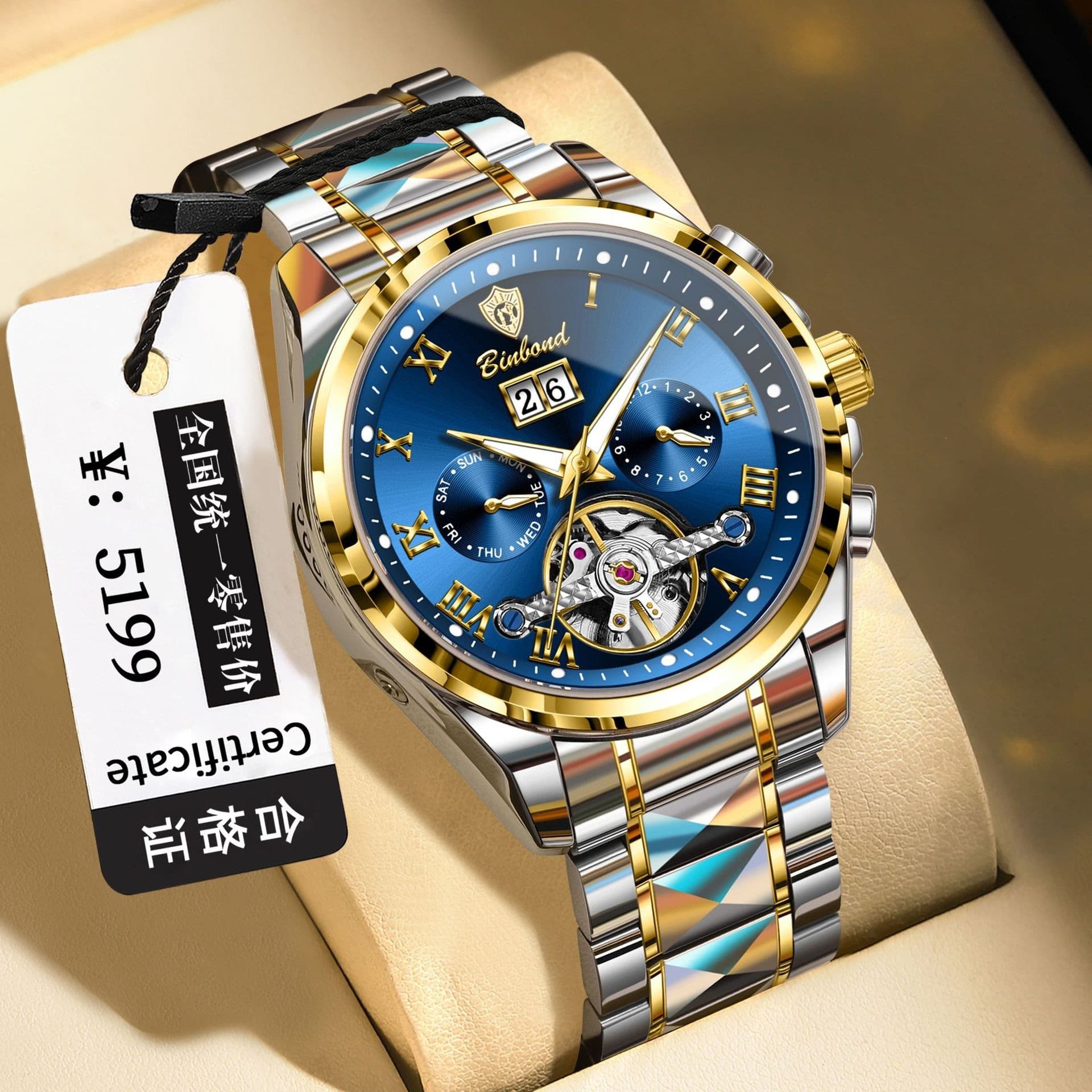Binbond Men's Automatic Mechanical Watch – 50m Water Resistant, Luminous, Stainless Steel, Mineral Glass, Calendar, See-Through Back, photo 6
