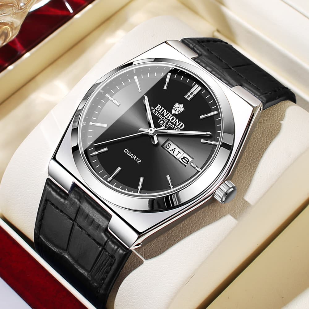 BINBOND Men's Ultra-Thin Quartz Watch with Leather Strap, Luminous Hands, and Calendar, photo 10