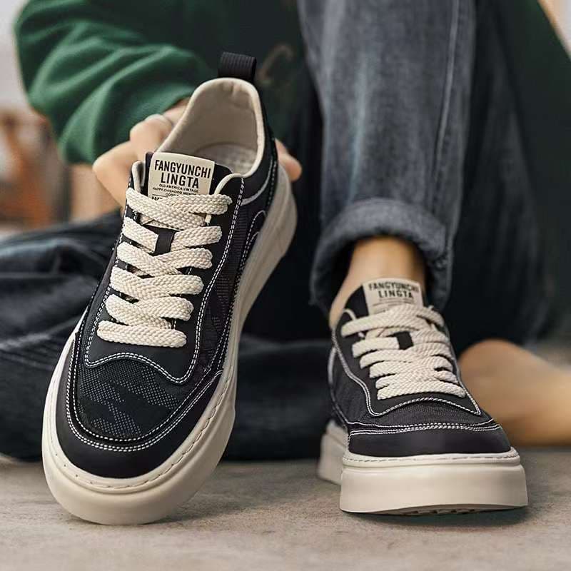 Men's Breathable Canvas Sneakers – Lightweight Non-Slip Casual Shoes with Height-Boosting Sole (Black/Beige), photo 4