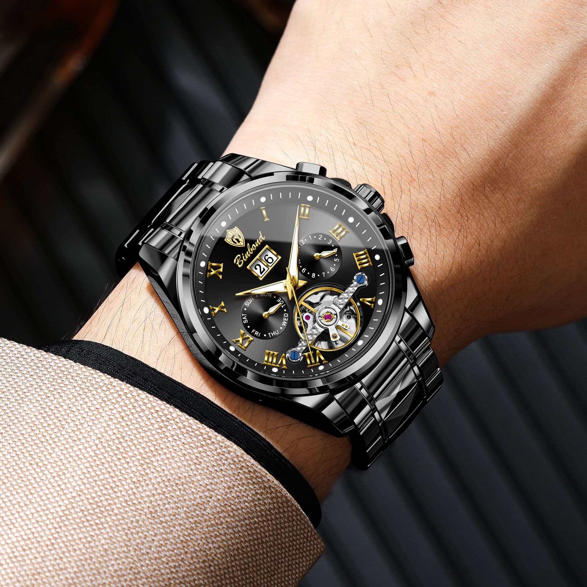 Binbond Men's Automatic Mechanical Watch – 50m Water Resistant, Luminous, Stainless Steel, Mineral Glass, Calendar, See-Through Back, photo 2