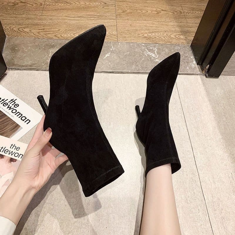 Women's Pointed-Toe Knit Ankle Boots – Thin Heel, Stretch Fit, Black, photo 2
