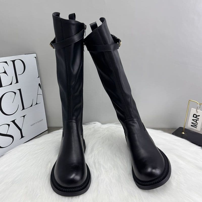 Women's Knee-High Riding Boots – Thick Sole, Side Zip, Belt Buckle Detail, photo 8