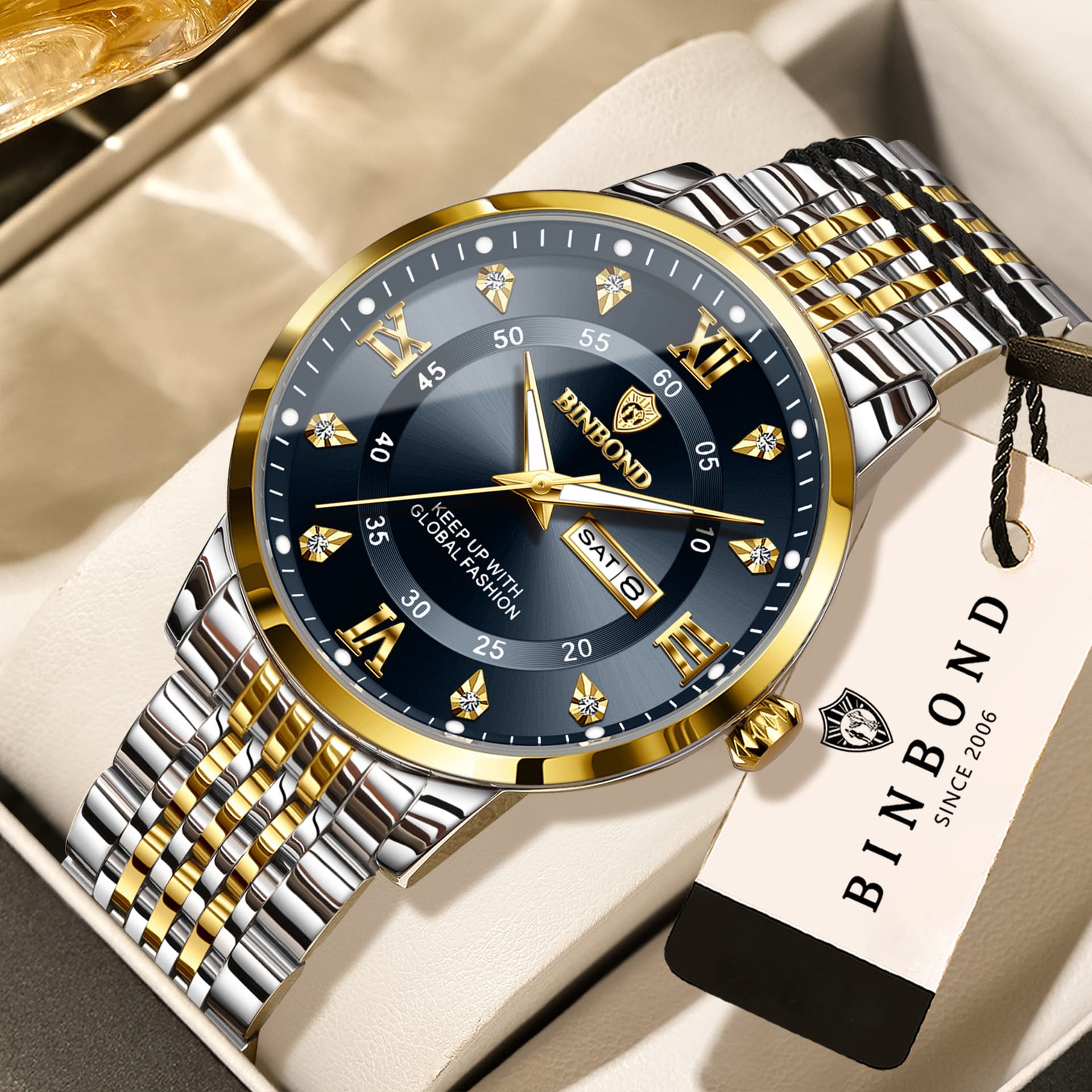 BINBOND Men's Dual-Calendar Business Quartz Watch – Stainless Steel, Luminous, 30M Water Resistant, photo 9