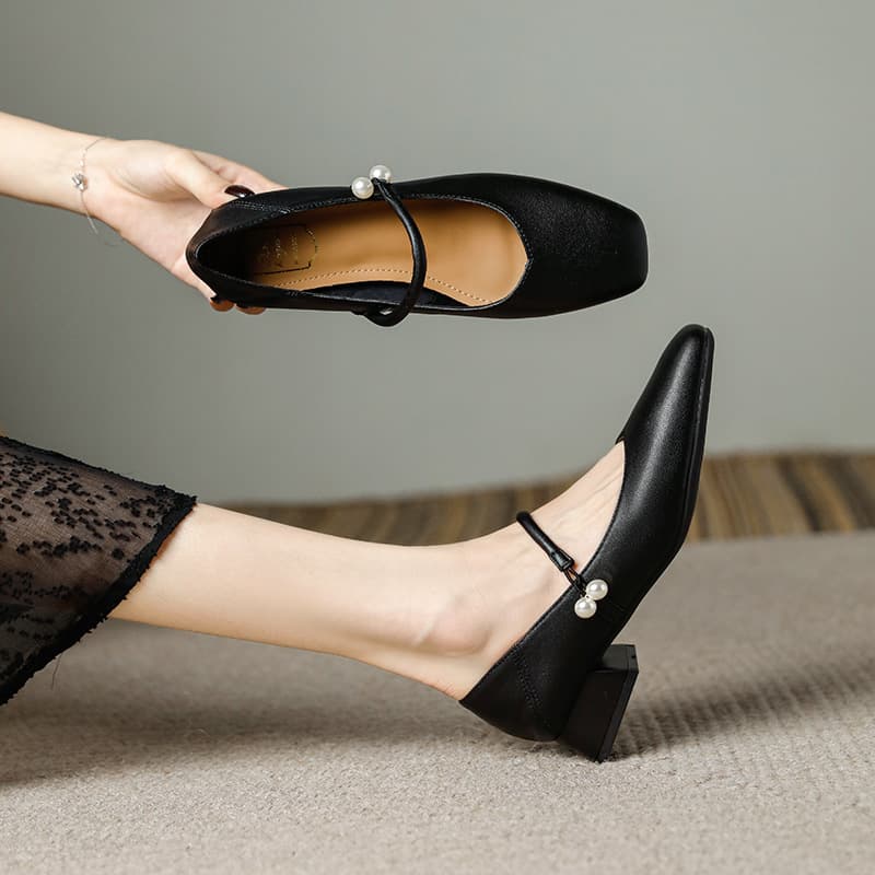 Women's Chunky Heel Square Toe Mary Jane Shoes – Apricot Faux Leather Mid-Heel Pumps, French Style Buckle Flats, photo 7