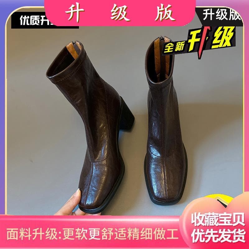 Women's Chunky-Heeled Ankle Boots, 2025 Fall/Winter Collection: Fleece-Lined, Retro Square-Toe, High-Heeled, Stretch, Slimming, Short Boots—Black, photo 6