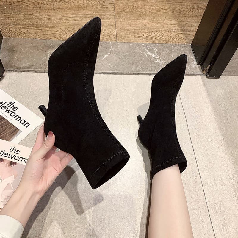 Women's Pointed-Toe Knit Ankle Boots – Thin Heel, Stretch Fit, Black, photo 5