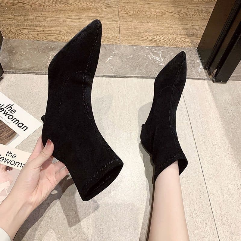Women's Pointed-Toe Knit Ankle Boots – Thin Heel, Stretch Fit, Black, photo 4
