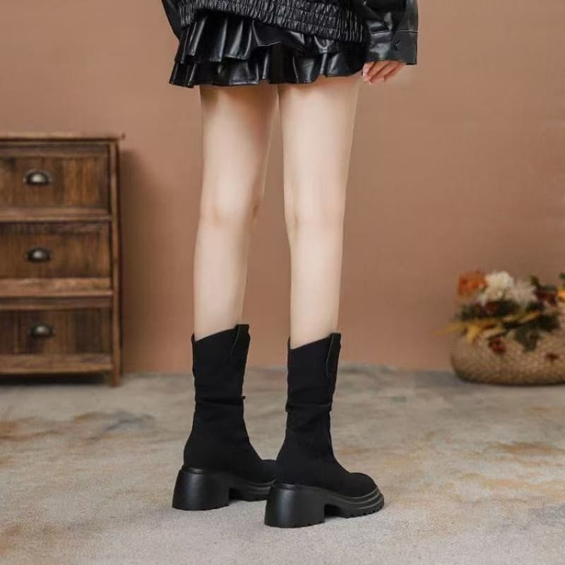 Soft Leather Pleated Mid-Calf Boots for Women – Height-Enhancing, Slip-Resistant, Side Zipper, Round Toe, Black or Khaki, photo 4