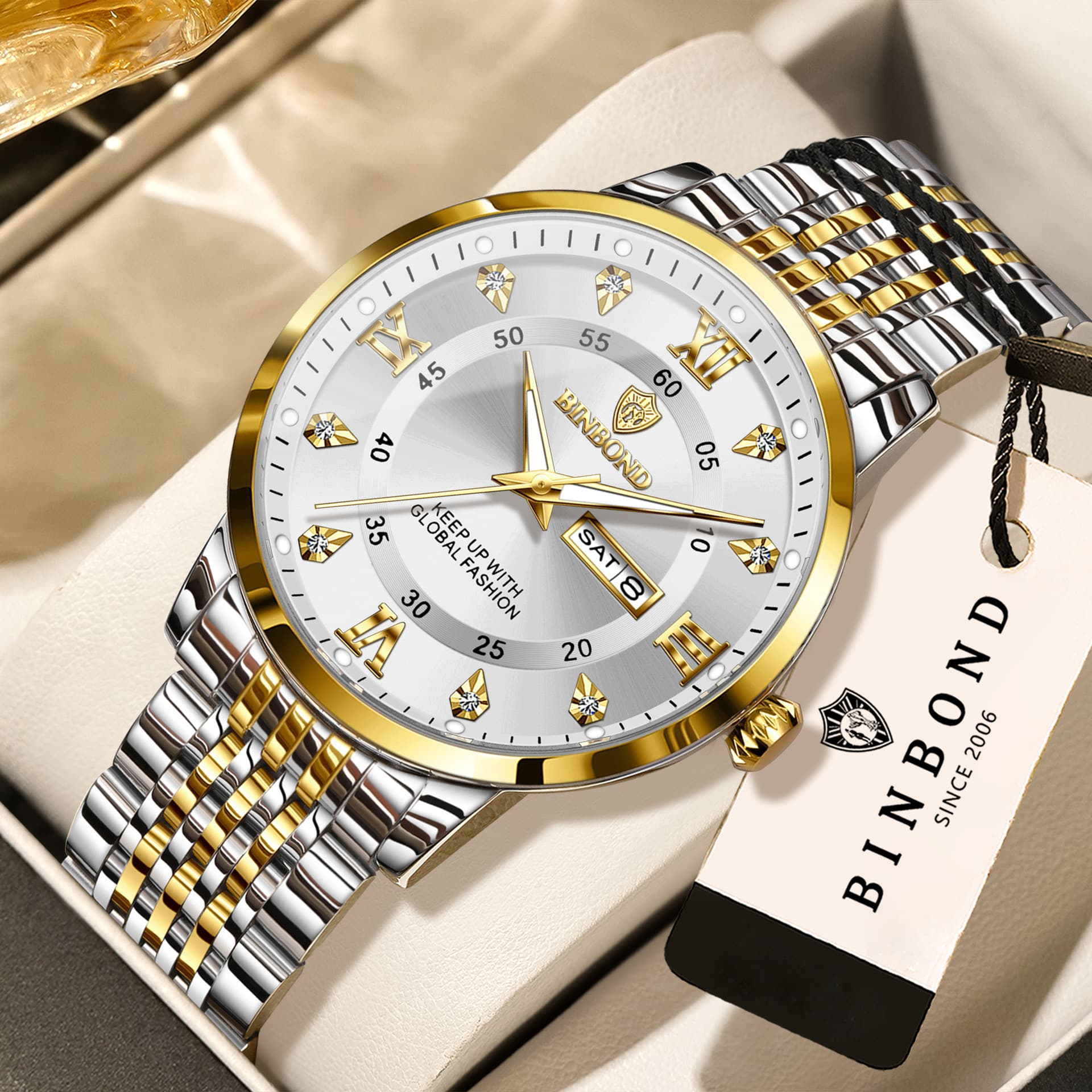 BINBOND Men's Dual-Calendar Business Quartz Watch – Stainless Steel, Luminous, 30M Water Resistant, photo 6
