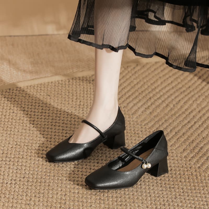 Women's Chunky Heel Square Toe Mary Jane Shoes – Apricot Faux Leather Mid-Heel Pumps, French Style Buckle Flats, photo 4