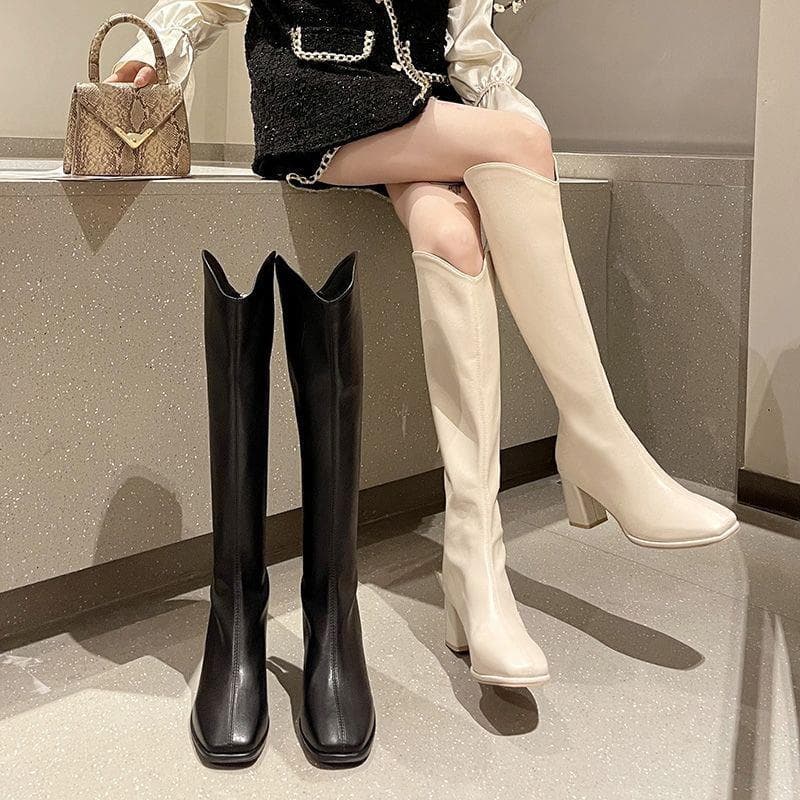 Women's White Knee-High Boots: 2025 Fall/Winter New Arrivals—Fleece-Lined High-Heeled Boots, British-Style Riding Boots for Women