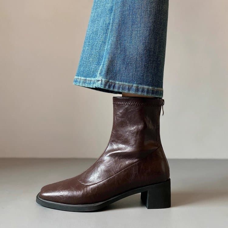 Women's Chunky-Heeled Ankle Boots, 2025 Fall/Winter Collection: Fleece-Lined, Retro Square-Toe, High-Heeled, Stretch, Slimming, Short Boots—Black, photo 3