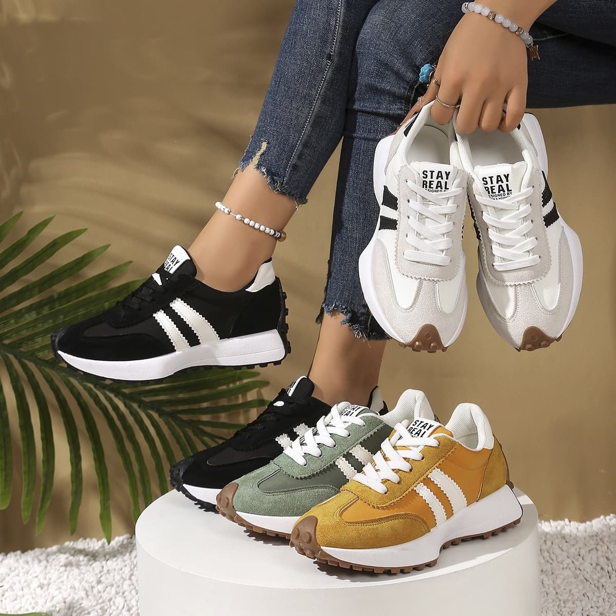Retro Two-Tone Sneakers for Women – Breathable Mesh & PU Casual Shoes with Chunky Sole, photo 4