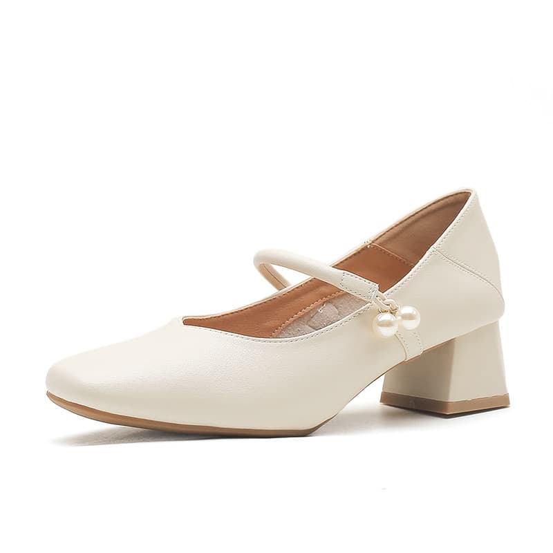 Women's Chunky Heel Square Toe Mary Jane Shoes – Apricot Faux Leather Mid-Heel Pumps, French Style Buckle Flats, photo 5