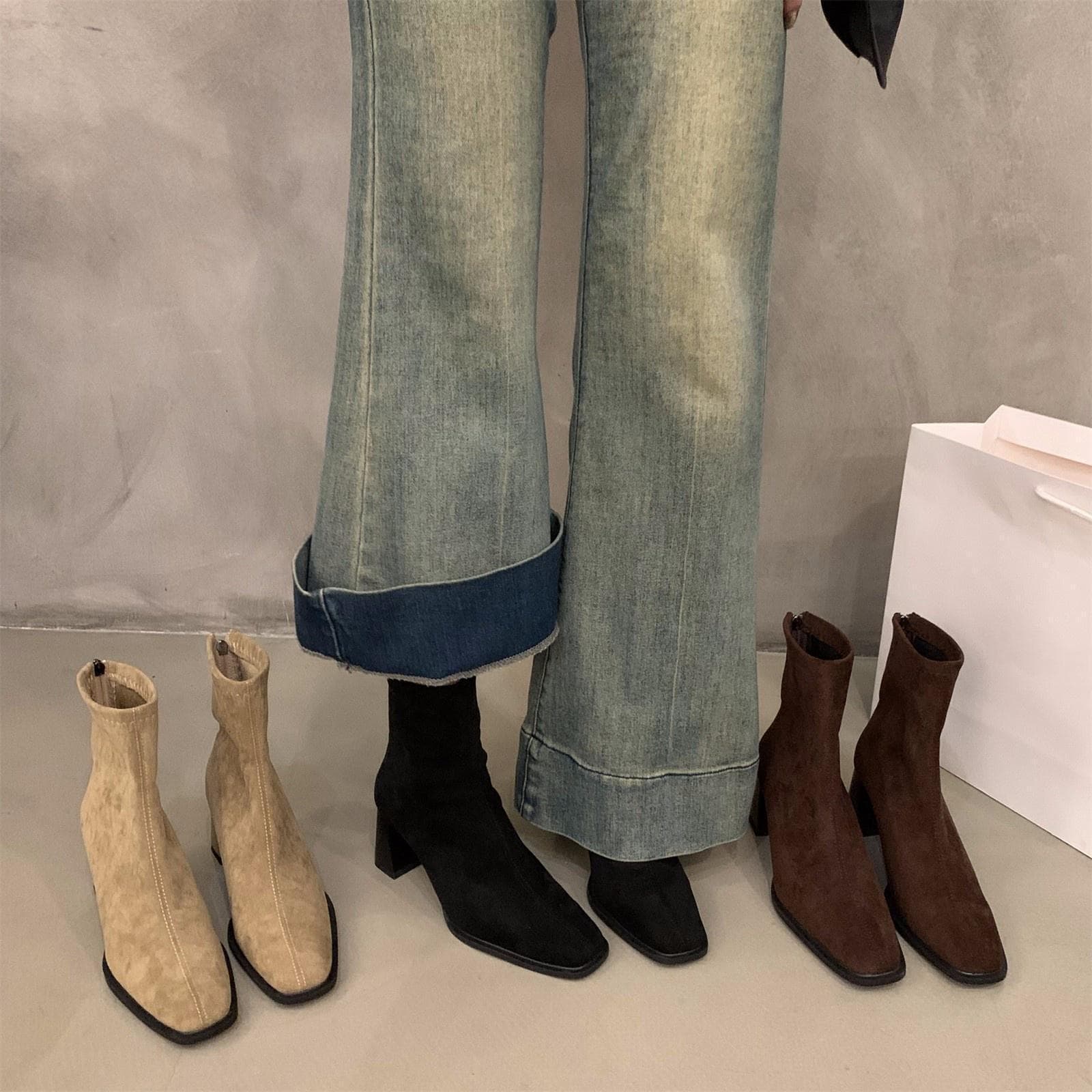 Korean-Style High-Heeled Ankle Boots, Suede Dr. Martens-Style Women's Shoes—2025 New Fall/Winter Collection: Fleece-Lined, Square-Toe, Slim-Fit Short Boots, photo 4