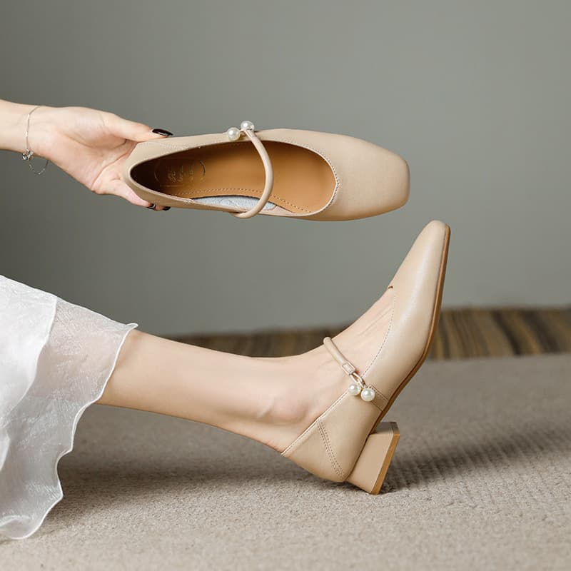 Women's Chunky Heel Square Toe Mary Jane Shoes – Apricot Faux Leather Mid-Heel Pumps, French Style Buckle Flats, photo 9