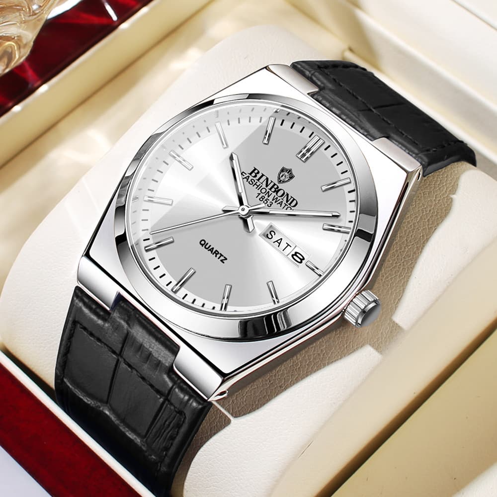 BINBOND Men's Ultra-Thin Quartz Watch with Leather Strap, Luminous Hands, and Calendar, photo 9