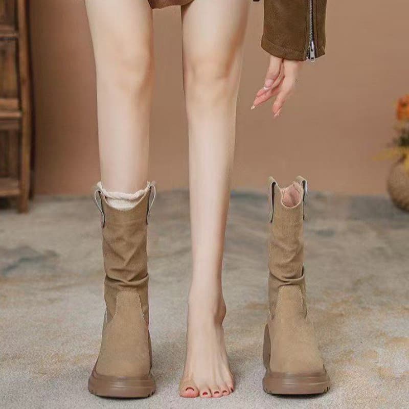 Soft Leather Pleated Mid-Calf Boots for Women – Height-Enhancing, Slip-Resistant, Side Zipper, Round Toe, Black or Khaki, photo 2