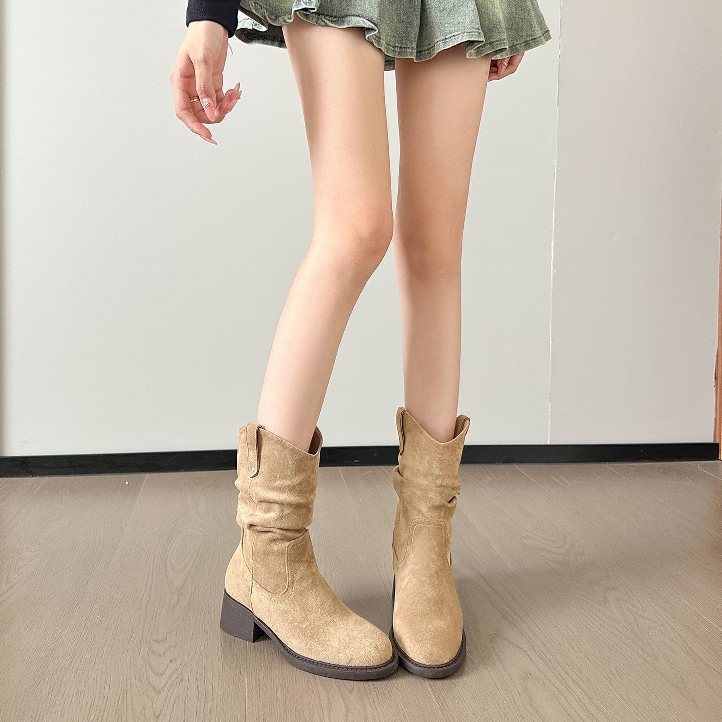 Women's Mid-Calf Western Boots with Stacked Chunky Heel – Pointed Toe, Belt Buckle Detail, Khaki or Brown, photo 7