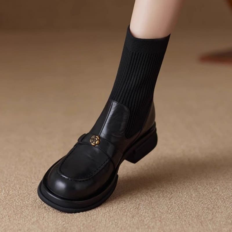 Ruodan Women's Black Leather Chunky Heel Sock Boots – Cowhide Knit Ankle Boots, Retro Round Toe, Non-Slip Rubber Sole, photo 6