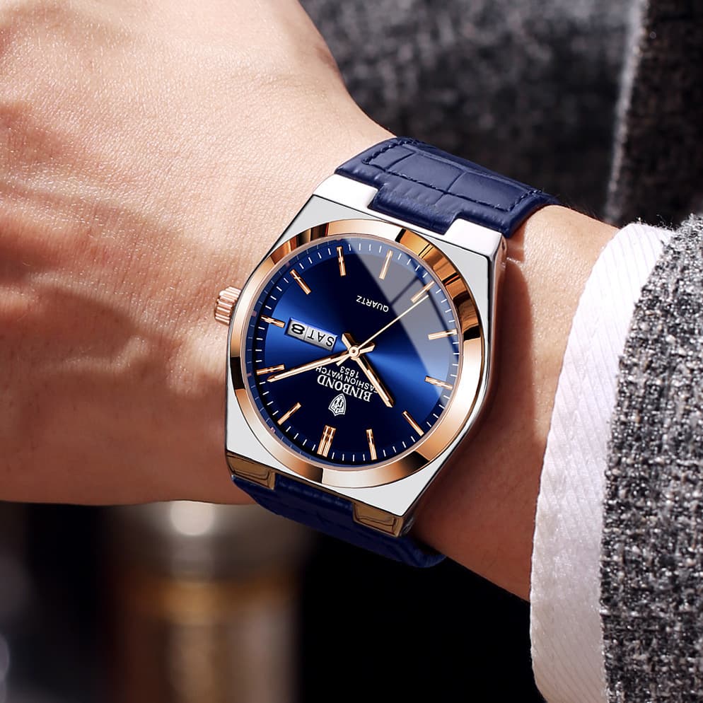 BINBOND Men's Ultra-Thin Quartz Watch with Leather Strap, Luminous Hands, and Calendar, photo 3