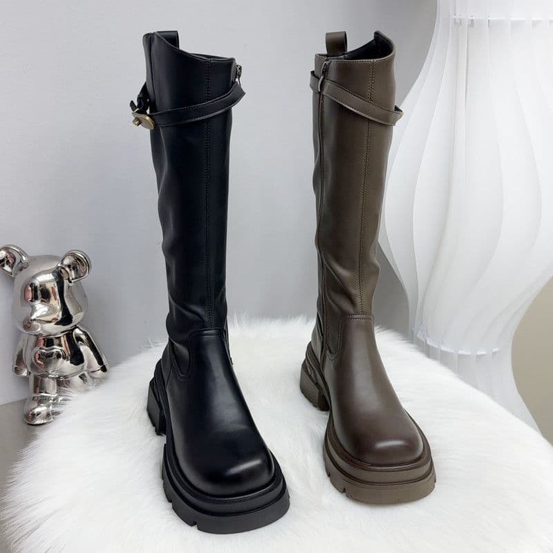 Women's Knee-High Riding Boots with Chunky Heel & Belt Buckle Detail — Side Zip, Black or Brown, photo 4