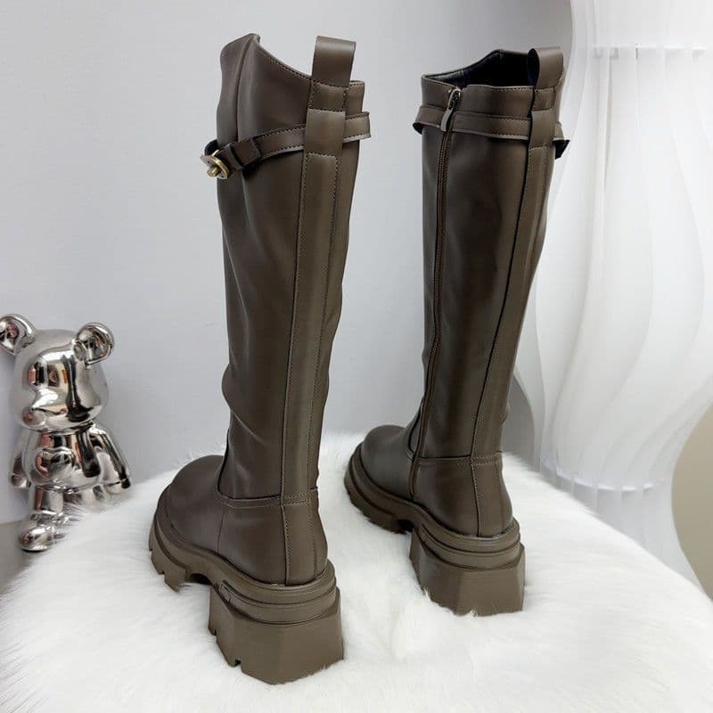 Women's Knee-High Riding Boots with Chunky Heel & Belt Buckle Detail — Side Zip, Black or Brown, photo 7